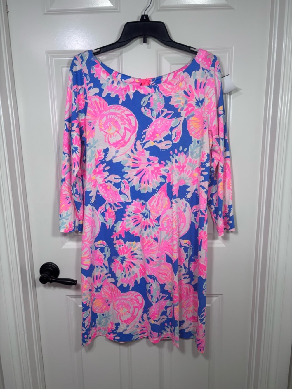 Lilly Pulitzer Noelle Bay Dreamin 3/4  Sleeve Pink Blue Sheath Dress Women’s L